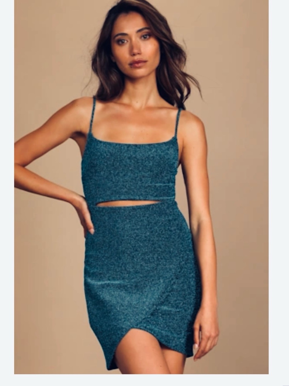 Lulus Cutout on The Town Teal Blue Metallic Cutout Tulip Mini Dress